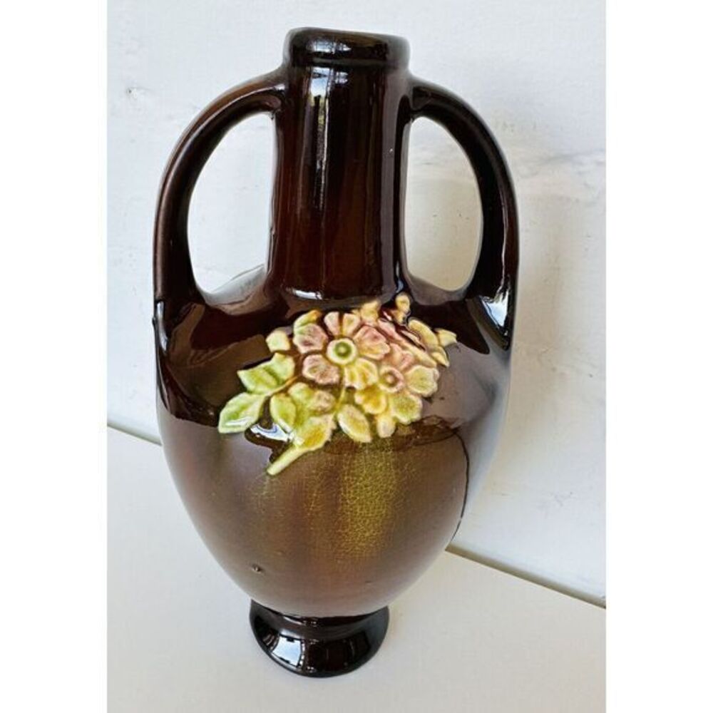 Antique Double Handled Glazed Vase with Floral Design Peters And Reed See Photos